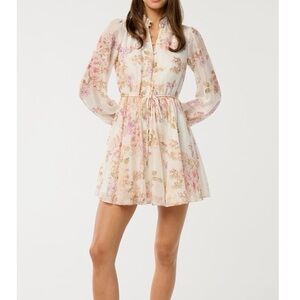 Ever New Rhys Fluted Long Sleeve Floral Minidress Size 8 Cream Coral Pink